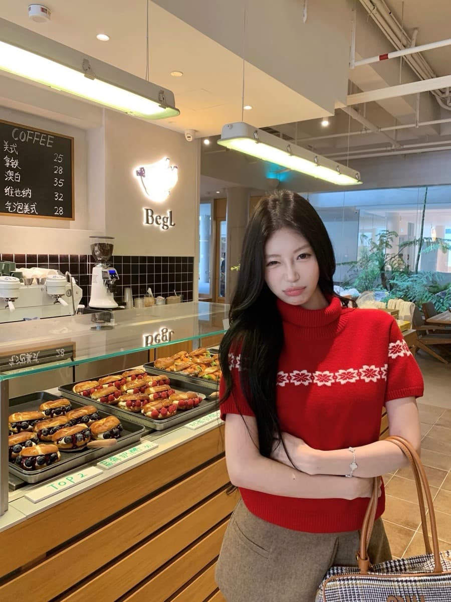 pinksoya 레트로 공정한 섬 자카드 빨간색 반팔 스웨터 여자 가을 겨울 새로운 연령 감소 슬림해 보이는 니트 맨위 상세 이미지 2