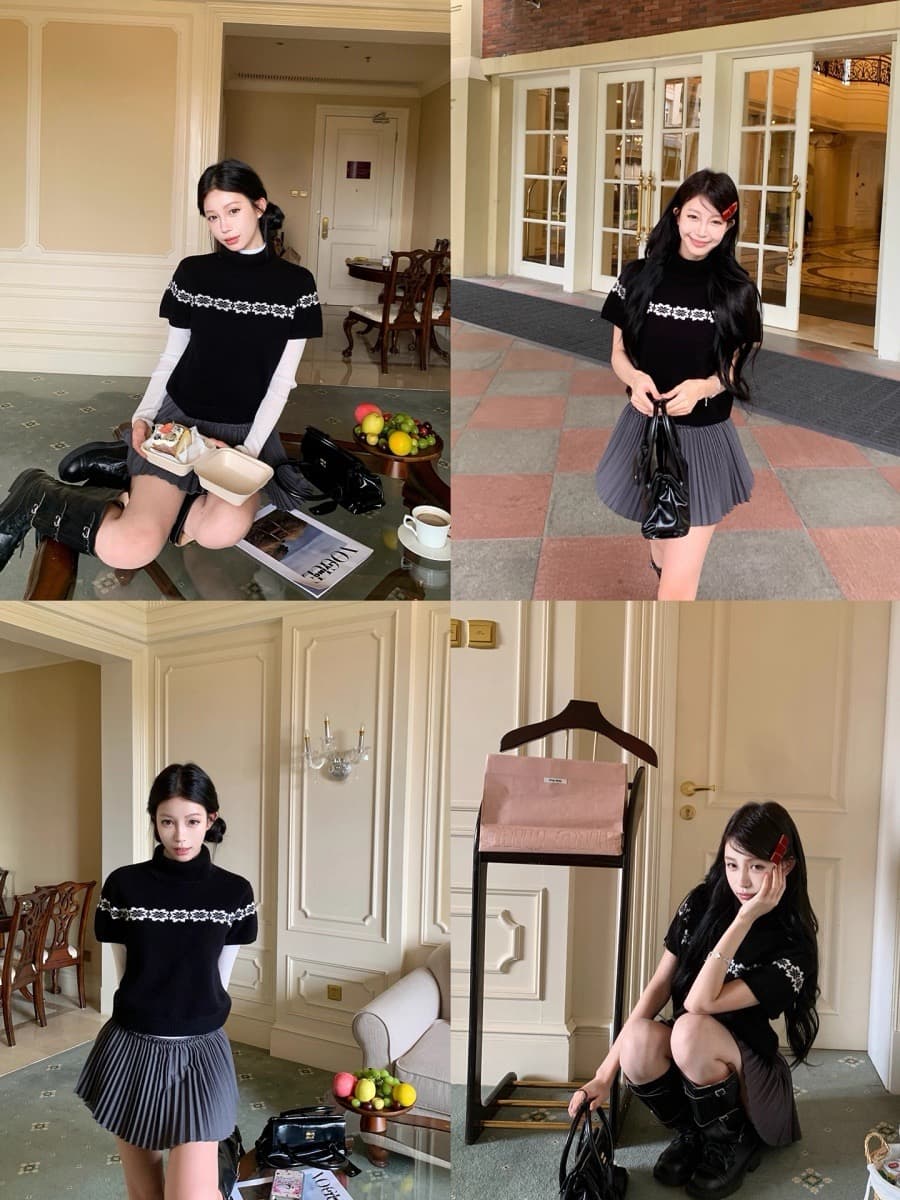 pinksoya 레트로 공정한 섬 자카드 빨간색 반팔 스웨터 여자 가을 겨울 새로운 연령 감소 슬림해 보이는 니트 맨위 상세 이미지 3