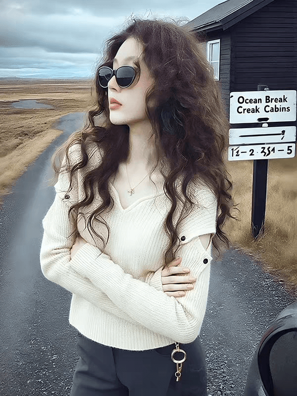 한 부서 chic 홀로우 아웃 V넥 스웨터 니트 스웨터 여성 겨울 새로운 연령 감소 자이언트 잘 생긴 ~ 중 인사이드 가져 가라. 화이트 맨위 상세 이미지 4