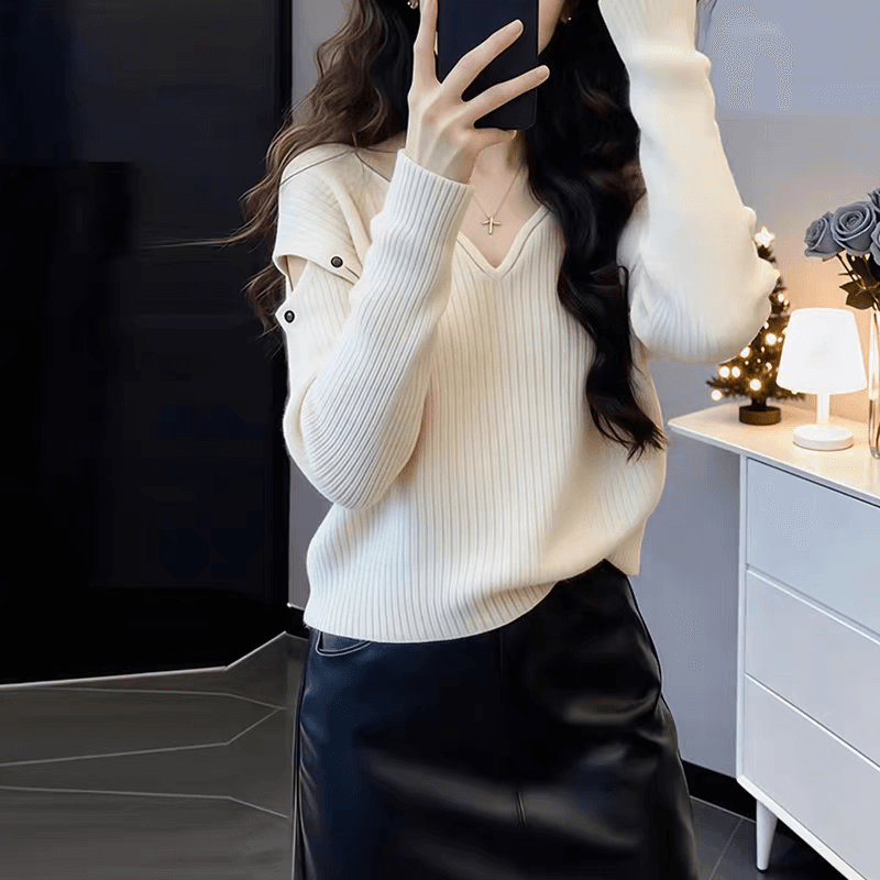 한 부서 chic 홀로우 아웃 V넥 스웨터 니트 스웨터 여성 겨울 새로운 연령 감소 자이언트 잘 생긴 ~ 중 인사이드 가져 가라. 화이트 맨위 상세 이미지 3