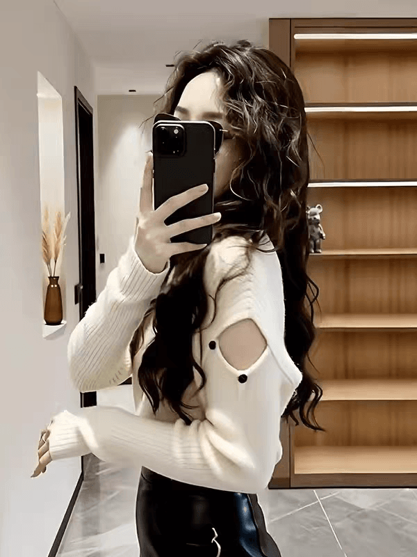 한 부서 chic 홀로우 아웃 V넥 스웨터 니트 스웨터 여성 겨울 새로운 연령 감소 자이언트 잘 생긴 ~ 중 인사이드 가져 가라. 화이트 맨위 상세 이미지 6