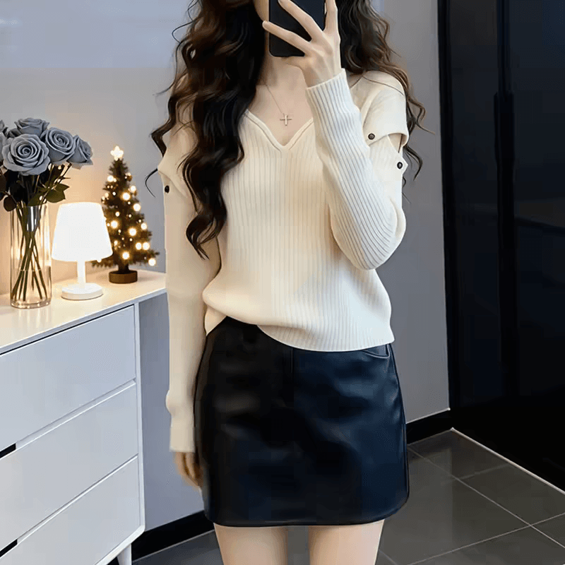 한 부서 chic 홀로우 아웃 V넥 스웨터 니트 스웨터 여성 겨울 새로운 연령 감소 자이언트 잘 생긴 ~ 중 인사이드 가져 가라. 화이트 맨위 상세 이미지 1