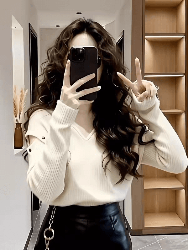한 부서 chic 홀로우 아웃 V넥 스웨터 니트 스웨터 여성 겨울 새로운 연령 감소 자이언트 잘 생긴 ~ 중 인사이드 가져 가라. 화이트 맨위 상세 이미지 7