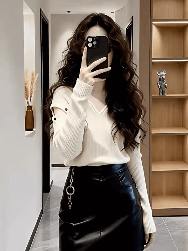 한 부서 chic 홀로우 아웃 V넥 스웨터 니트 스웨터 여성 겨울 새로운 연령 감소 자이언트 잘 생긴 ~ 중 인사이드 가져 가라. 화이트 맨위 상세 이미지 8
