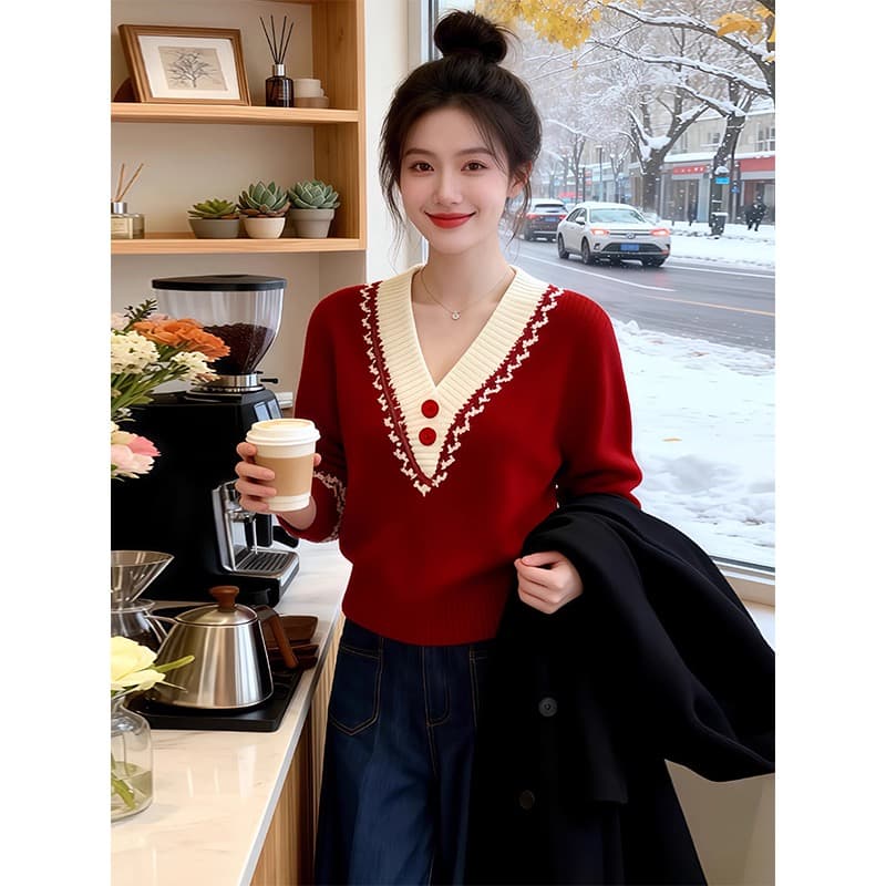 배색 V넥 부드러운 찹쌀 스웨터 여성 의류 2025 겨울 새로운 디자인 센스 패션 아름다운 다용도 트렌드 니트 스웨터 이미지 4