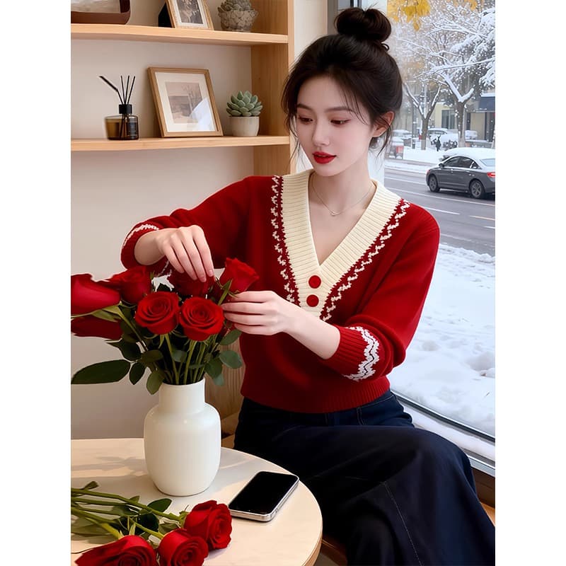 배색 V넥 부드러운 찹쌀 스웨터 여성 의류 2025 겨울 새로운 디자인 센스 패션 아름다운 다용도 트렌드 니트 스웨터 상세 이미지 2
