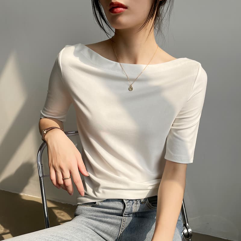 긍정적 인 어깨 5 점 소매 반팔 티셔츠 여성 여름 오프숄더 2026 화이트 고급 센스 모달 맨위 기본 셔츠 상세 이미지 3