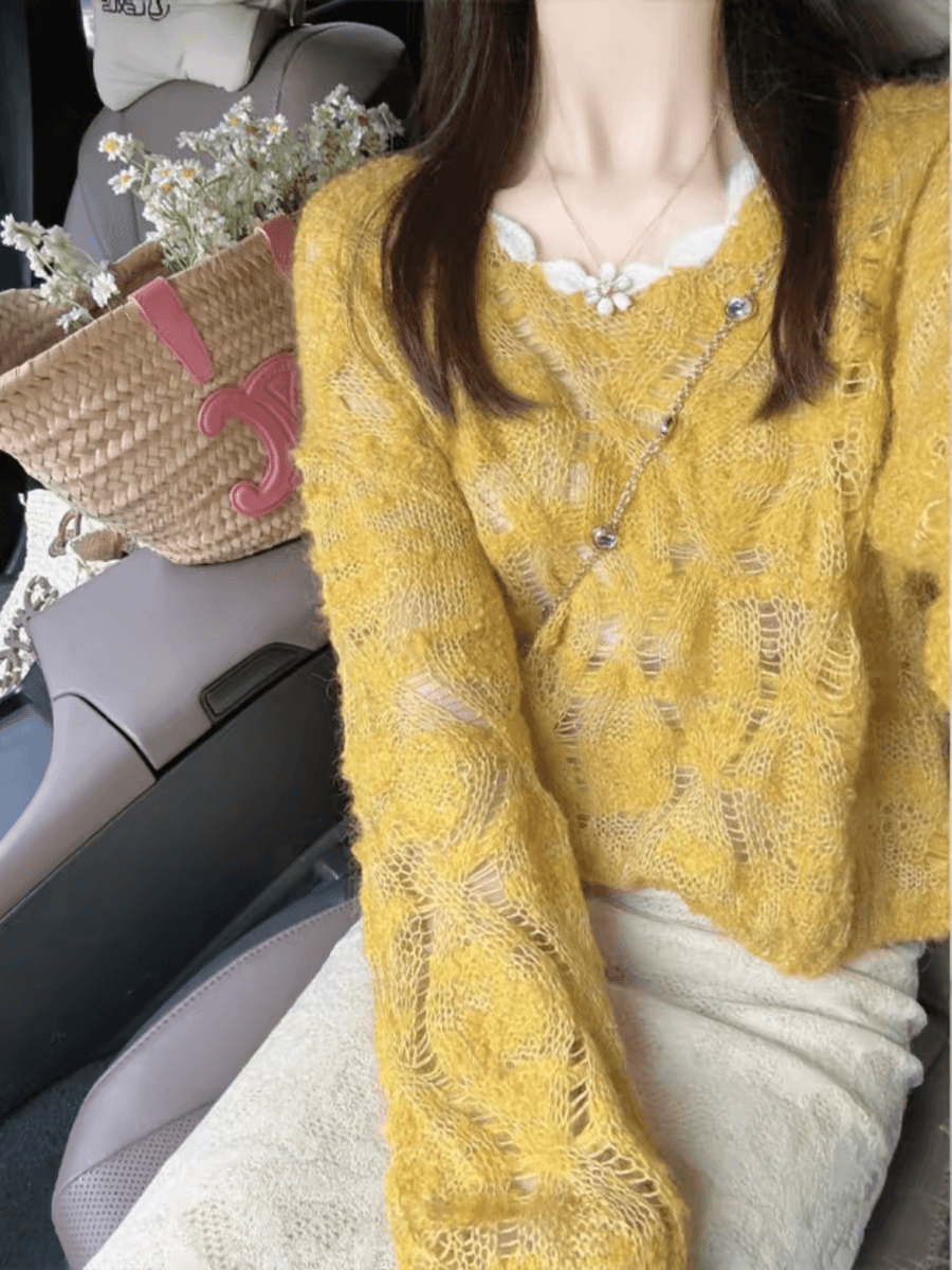 봄 루즈핏 느긋한 바람 황색 긴팔 맨위 여성 한 부서 디자인 센스 풀오버 찢어진 부분 홀로우 아웃 스웨터 니트 스웨터 이미지 3