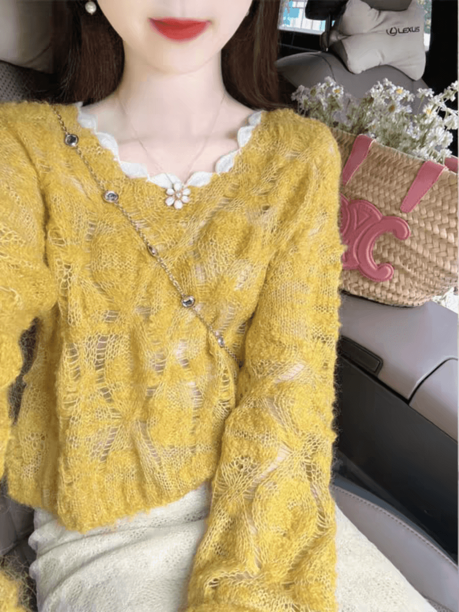 봄 루즈핏 느긋한 바람 황색 긴팔 맨위 여성 한 부서 디자인 센스 풀오버 찢어진 부분 홀로우 아웃 스웨터 니트 스웨터 상세 이미지 1