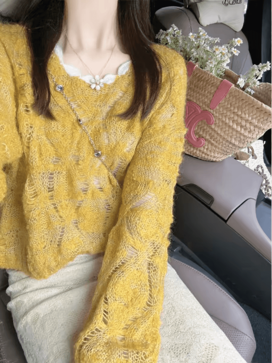 봄 루즈핏 느긋한 바람 황색 긴팔 맨위 여성 한 부서 디자인 센스 풀오버 찢어진 부분 홀로우 아웃 스웨터 니트 스웨터 상세 이미지 2