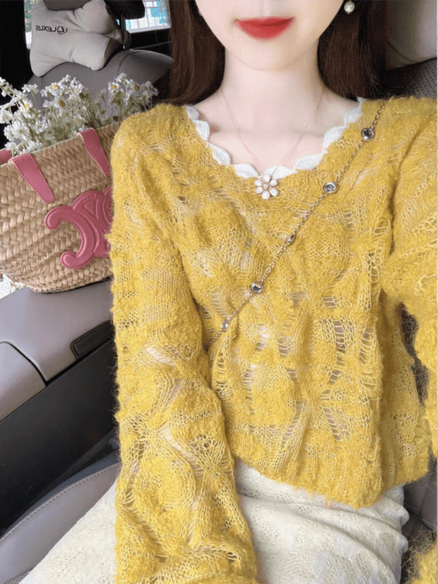봄 루즈핏 느긋한 바람 황색 긴팔 맨위 여성 한 부서 디자인 센스 풀오버 찢어진 부분 홀로우 아웃 스웨터 니트 스웨터 상세 이미지 4