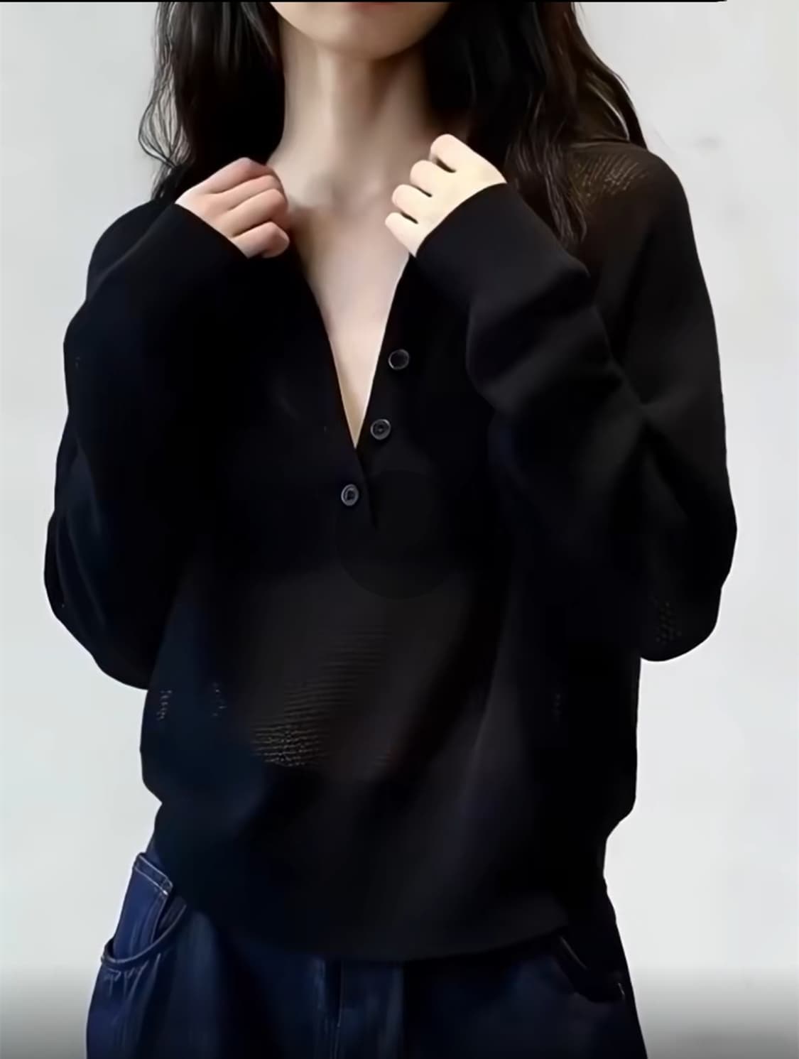 세련된 잘 생긴 마이크로 ~을 통해 니트 자외선 차단 블라우스 여성 봄 여름 새로운 반 개방 칼라 다용도 고급 센스 맨위 에어컨 셔츠 상세 이미지 3
