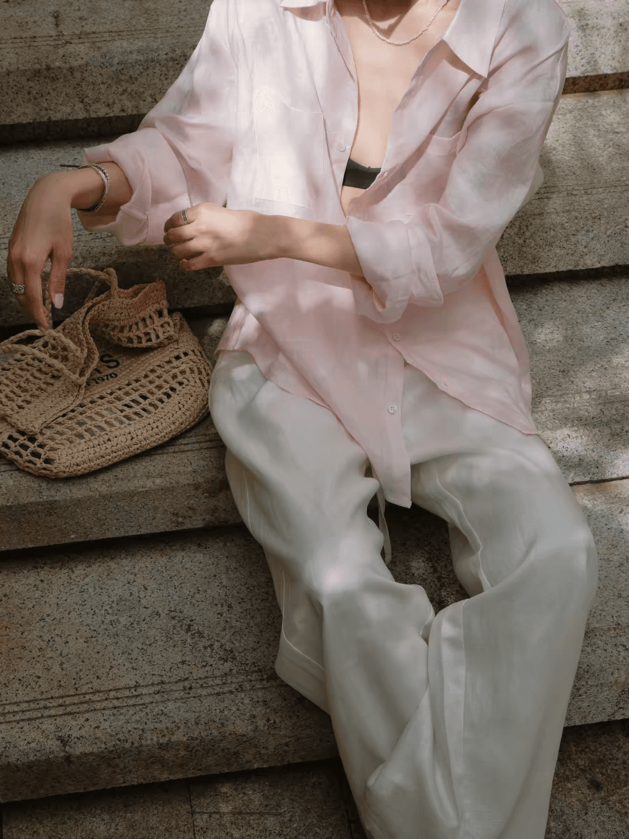codenam 고급 센스 아마 핑크색 긴팔 셔츠 여성 셔츠 재킷 루즈핏 캐주얼 면 린넨 자외선 차단 셔츠 이미지 3