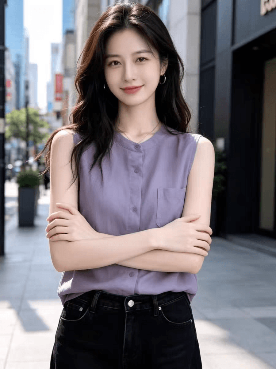 연한 자주색 실크 민소매 셔츠 여성 여름 새로운 미니멀리즘 주머니 루즈핏 슬림해 보이는 품격 뽕나무 누에 실크 맨위 이미지 4