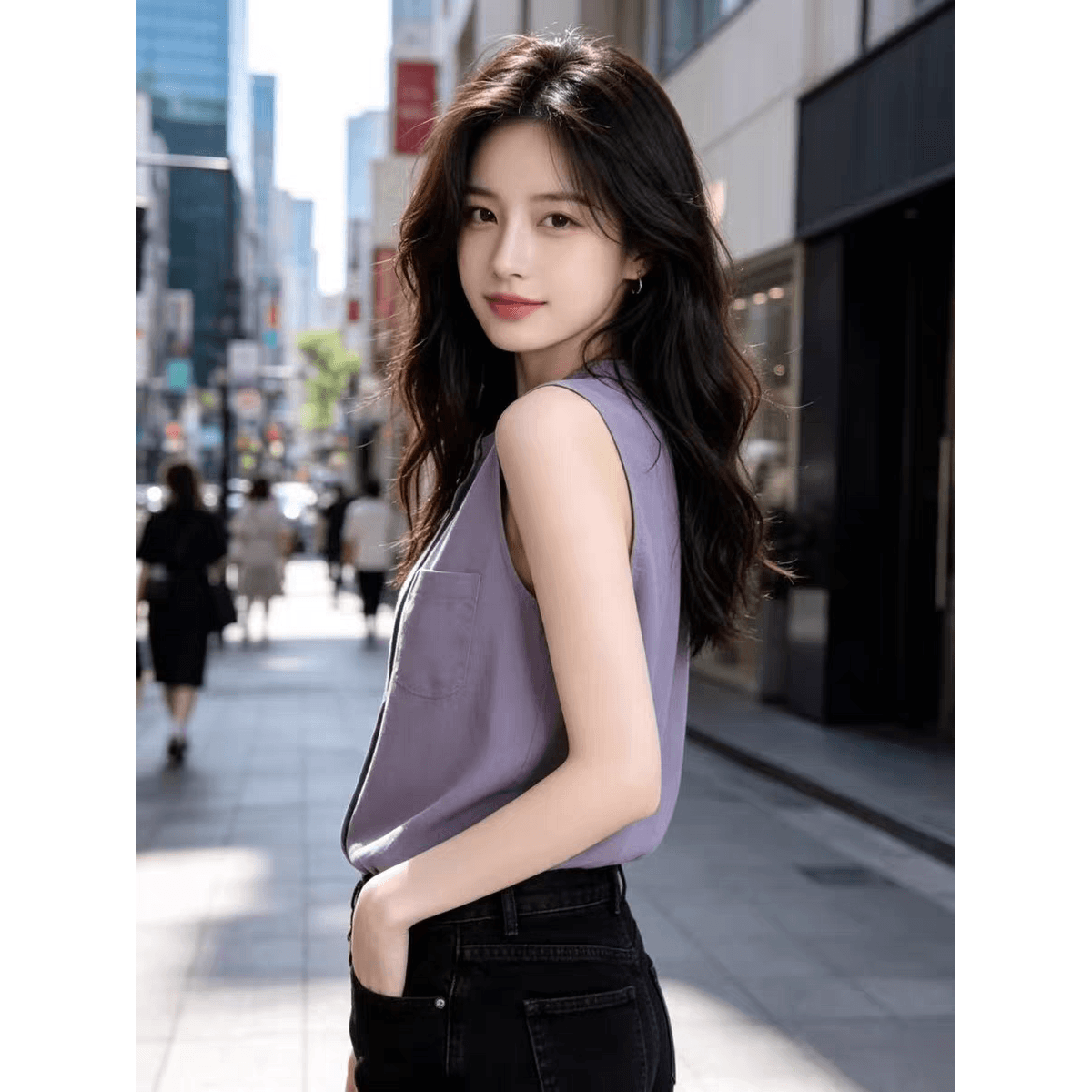 연한 자주색 실크 민소매 셔츠 여성 여름 새로운 미니멀리즘 주머니 루즈핏 슬림해 보이는 품격 뽕나무 누에 실크 맨위 이미지 5