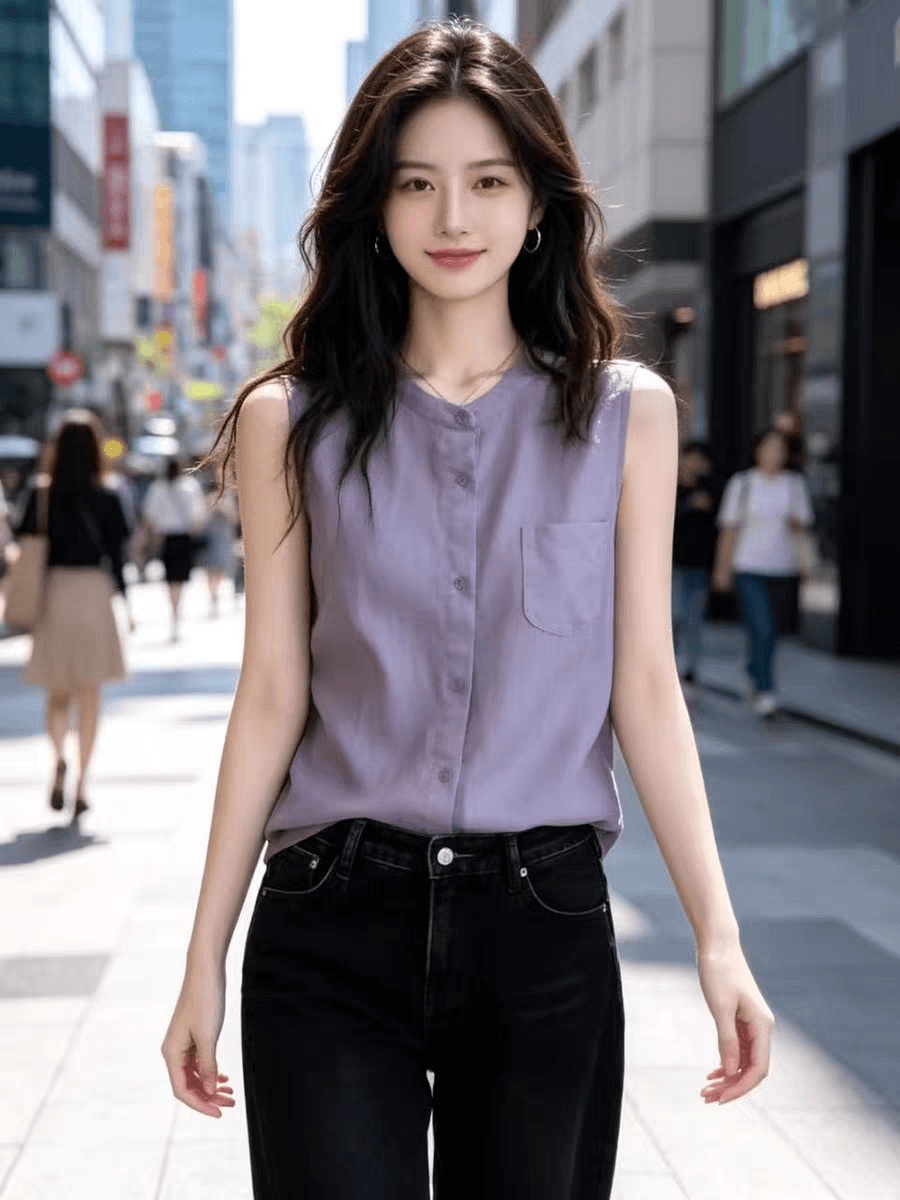 연한 자주색 실크 민소매 셔츠 여성 여름 새로운 미니멀리즘 주머니 루즈핏 슬림해 보이는 품격 뽕나무 누에 실크 맨위 상세 이미지 2