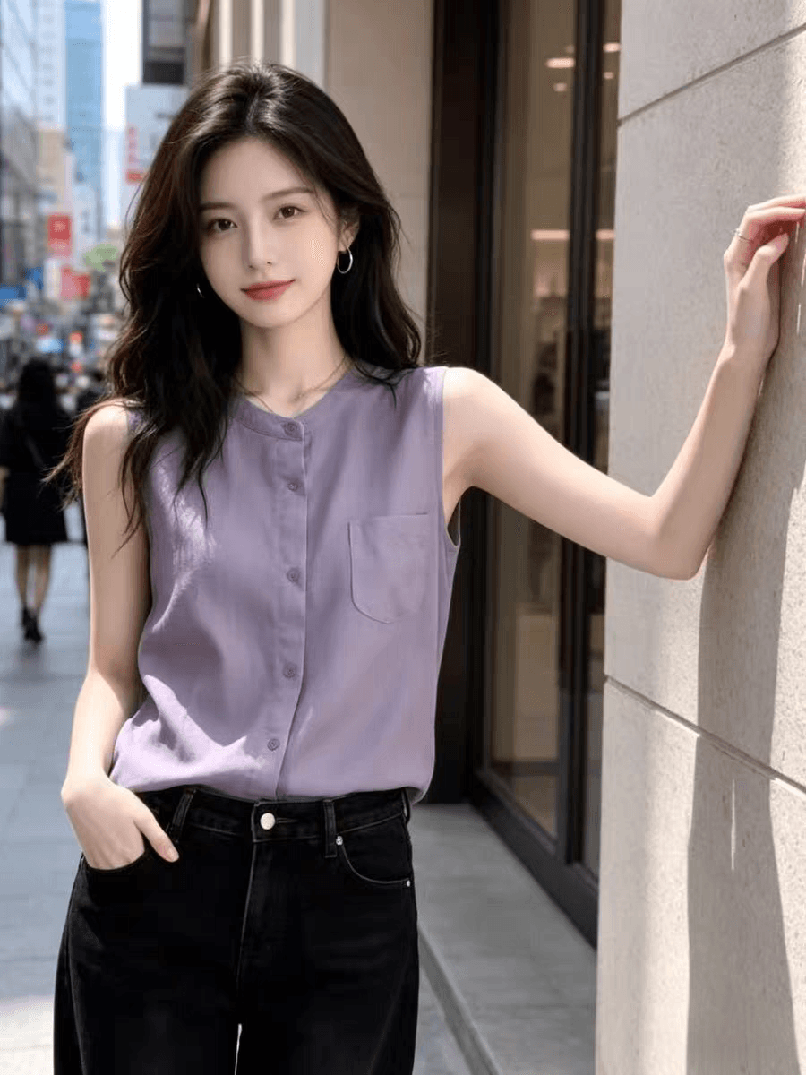 연한 자주색 실크 민소매 셔츠 여성 여름 새로운 미니멀리즘 주머니 루즈핏 슬림해 보이는 품격 뽕나무 누에 실크 맨위 상세 이미지 3