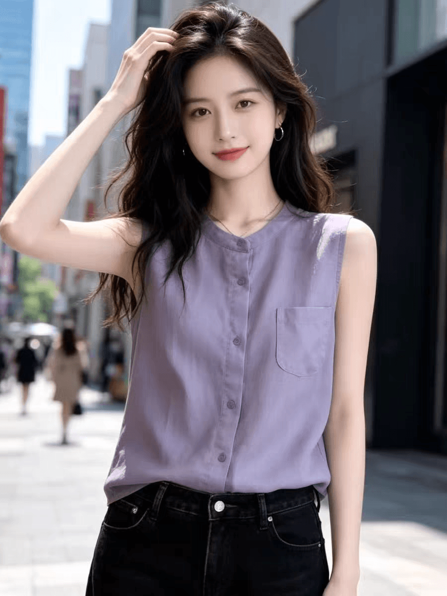 연한 자주색 실크 민소매 셔츠 여성 여름 새로운 미니멀리즘 주머니 루즈핏 슬림해 보이는 품격 뽕나무 누에 실크 맨위 상세 이미지 4