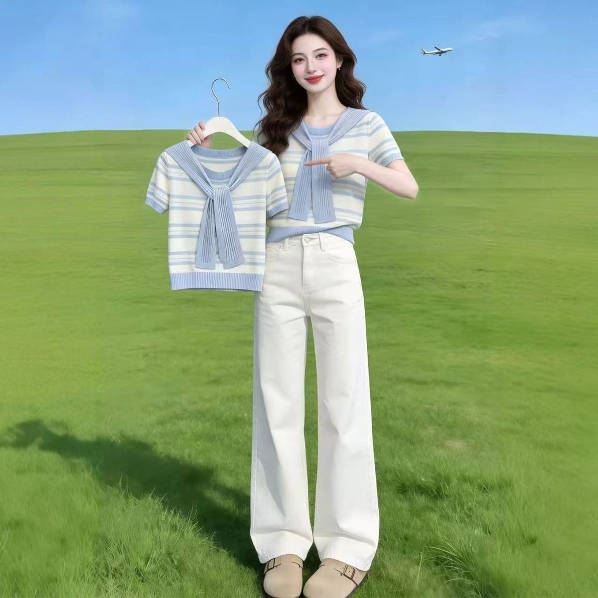 패션 다용도 스트라이프 숄 반팔 니트 스웨터 여성 여름 2026 새로운 지방 mm 슬림해 보이는 루즈핏 연령 감소 맨위 이미지 2