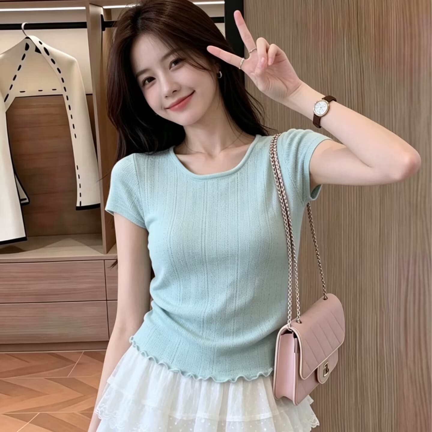 한 부서 새로운 디스플레이 화이트 니트 반팔 여성 여름 작은 키 외출용 다용도 품격 프릴 맨위 이미지 5
