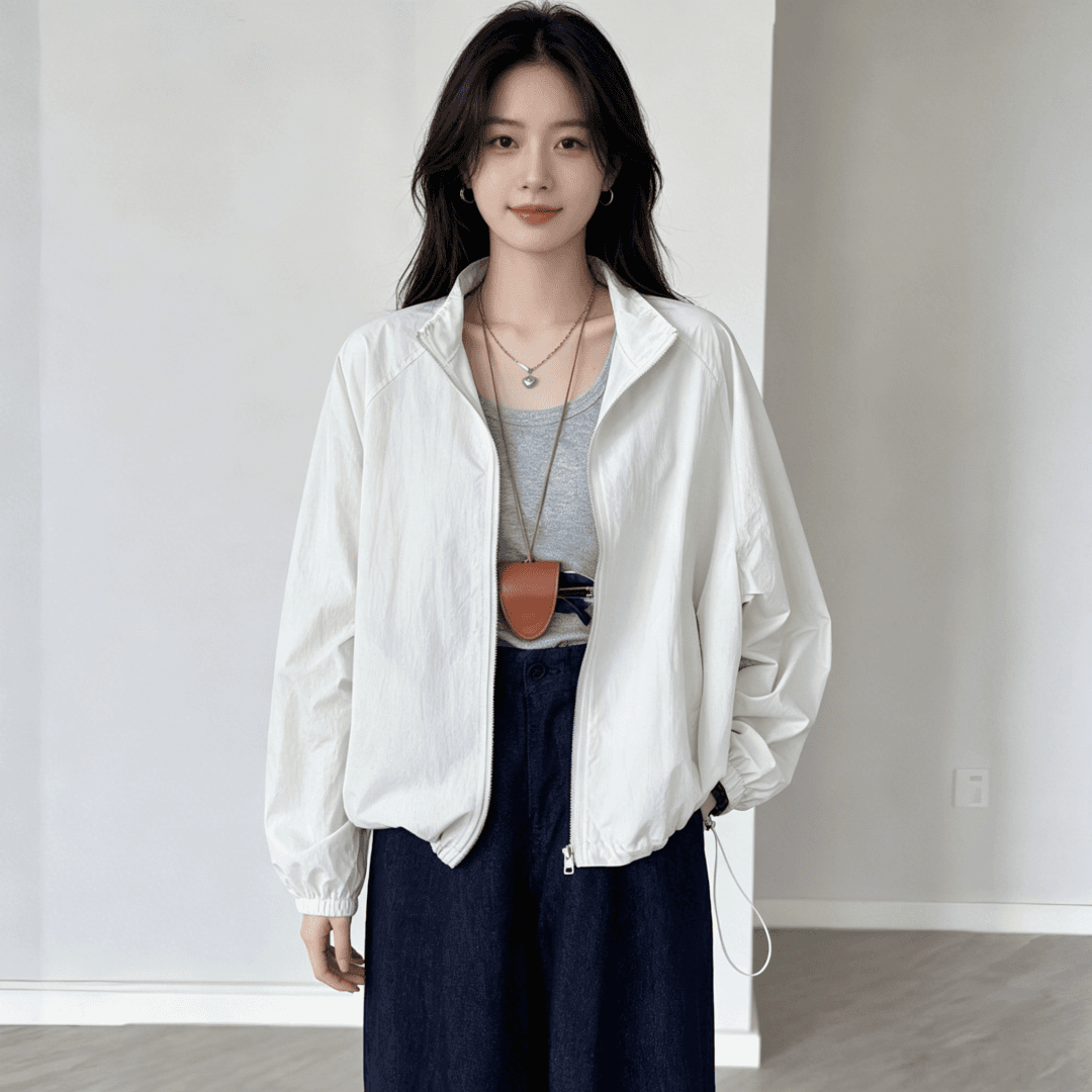 세련된 작은 스탠드 칼라 루즈핏 자외선 차단 의류 얇은 스타일 재킷 캐주얼 자켓 여름 가을 야외 캐주얼 운동 재킷 여성 상세 이미지 1