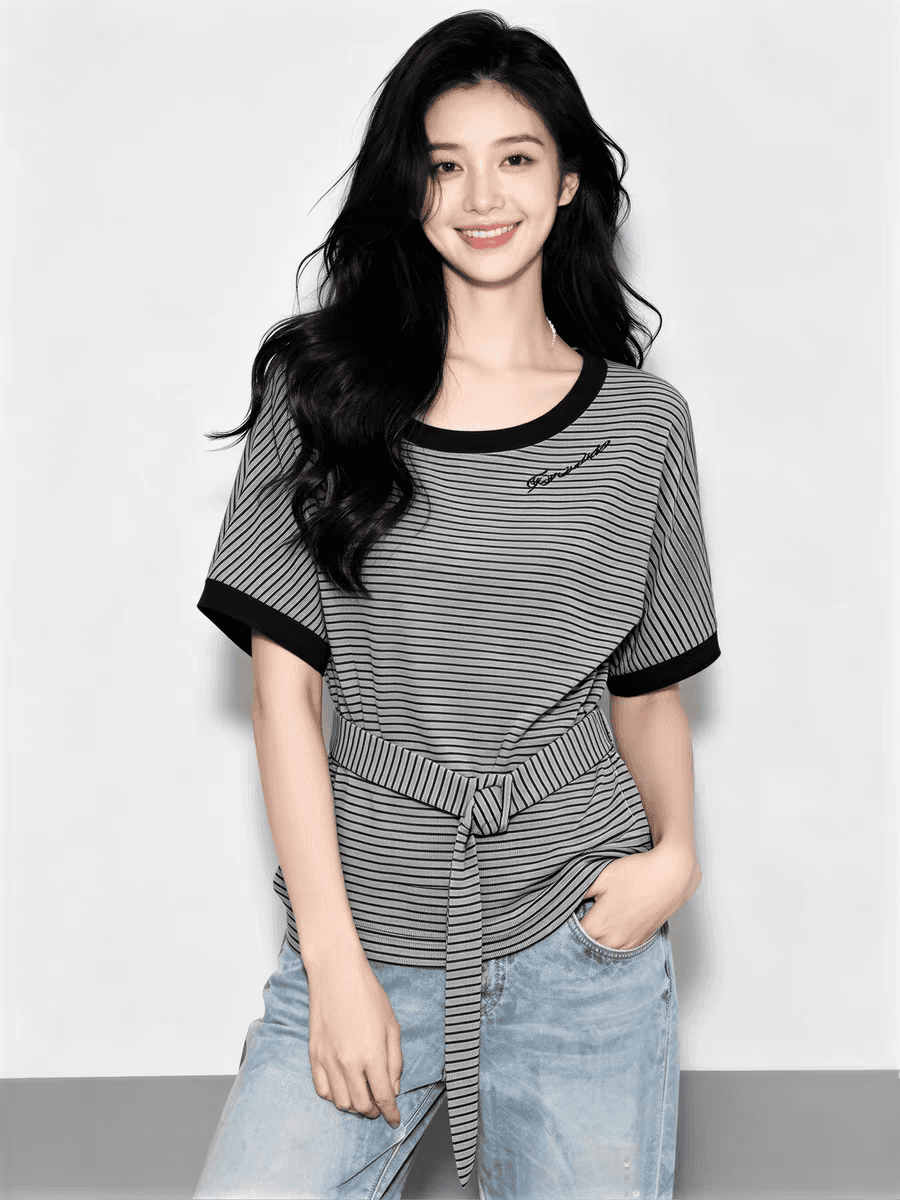 2026 여름 새로운 스트라이프 반팔 티셔츠 여성 여름 레이스업 허리 수축 슬림해 보이는 연령 감소 배색 세련된 맨위 상세 이미지 1