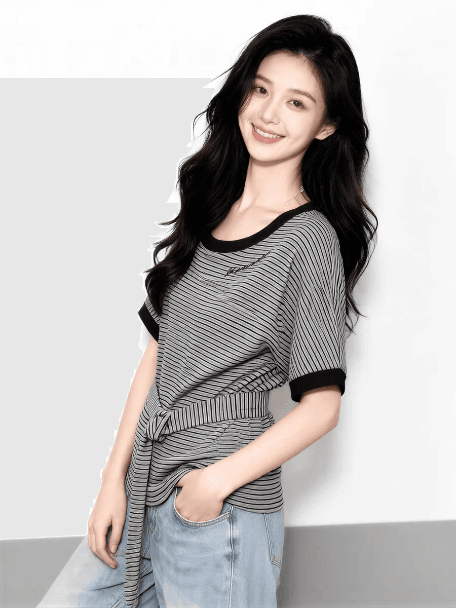 2026 여름 새로운 스트라이프 반팔 티셔츠 여성 여름 레이스업 허리 수축 슬림해 보이는 연령 감소 배색 세련된 맨위 상세 이미지 3