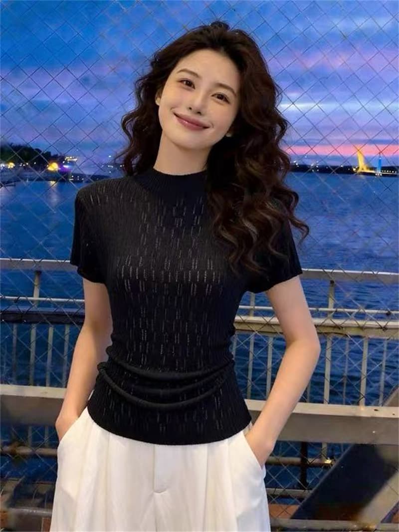 한 부서 미니멀리즘 반팔 니트 스웨터 여성 여름 얇은 스타일 패션 다용도 몸매 가꾸기 작은 셔츠 느긋한 바람 부드러운 찹쌀 맨위 여름 상세 이미지 5