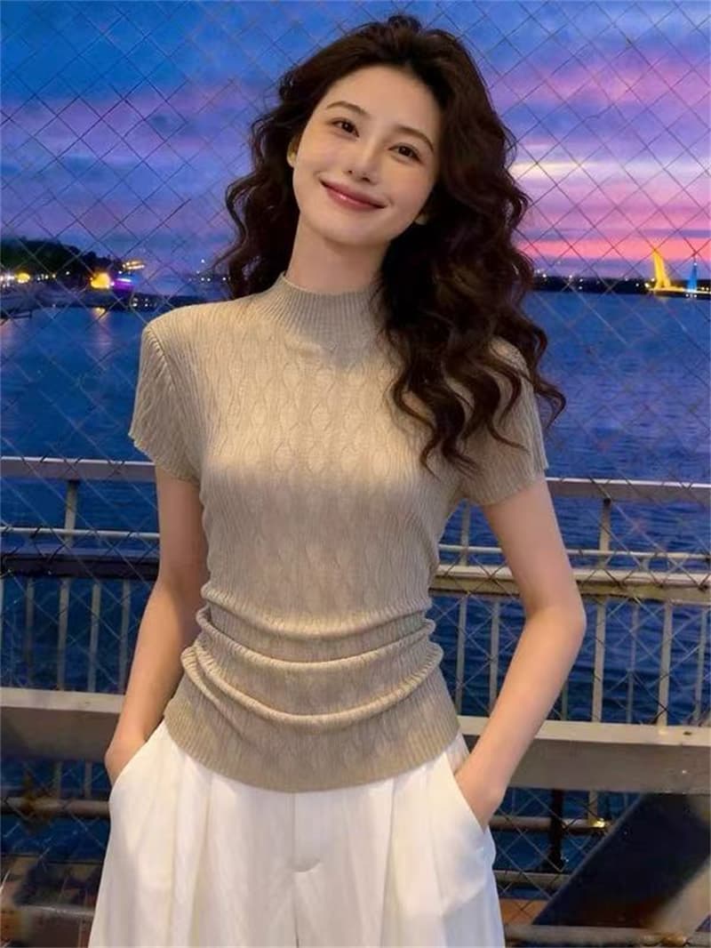 한 부서 미니멀리즘 반팔 니트 스웨터 여성 여름 얇은 스타일 패션 다용도 몸매 가꾸기 작은 셔츠 느긋한 바람 부드러운 찹쌀 맨위 여름 상세 이미지 6