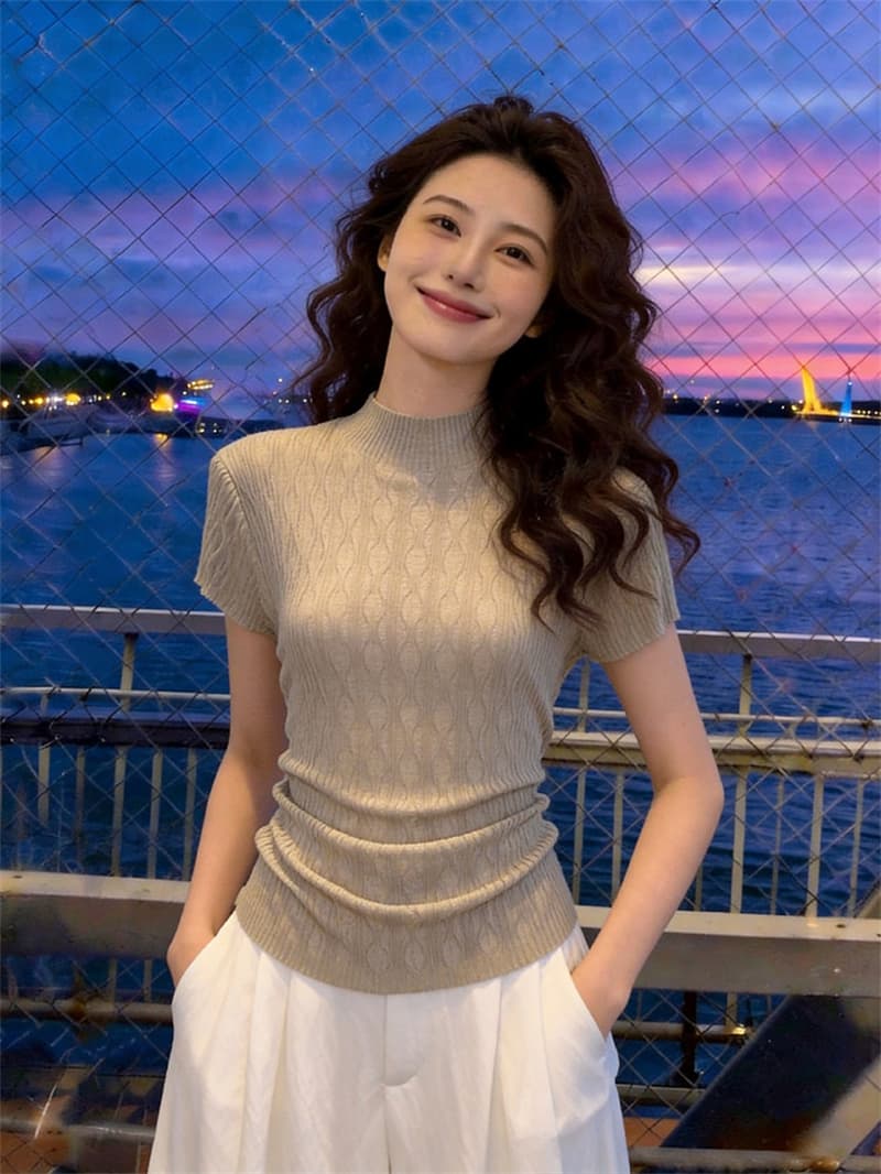 한 부서 미니멀리즘 반팔 니트 스웨터 여성 여름 얇은 스타일 패션 다용도 몸매 가꾸기 작은 셔츠 느긋한 바람 부드러운 찹쌀 맨위 여름 상세 이미지 9