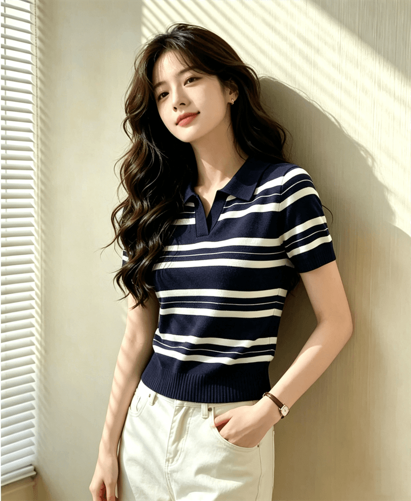 해군 화이트 스트라이프 POLO 칼라 니트 반팔 여성 여름 새로운 슬림해 보이는 티셔츠 다용도 맨위 이미지 3