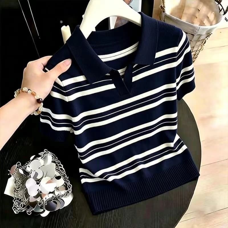 해군 화이트 스트라이프 POLO 칼라 니트 반팔 여성 여름 새로운 슬림해 보이는 티셔츠 다용도 맨위 이미지 4