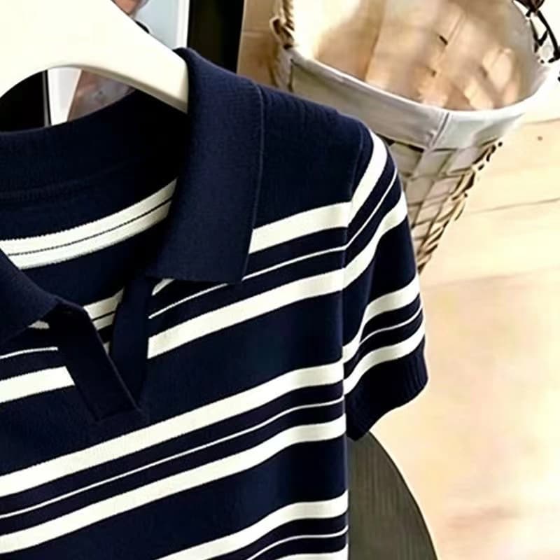 해군 화이트 스트라이프 POLO 칼라 니트 반팔 여성 여름 새로운 슬림해 보이는 티셔츠 다용도 맨위 상세 이미지 4