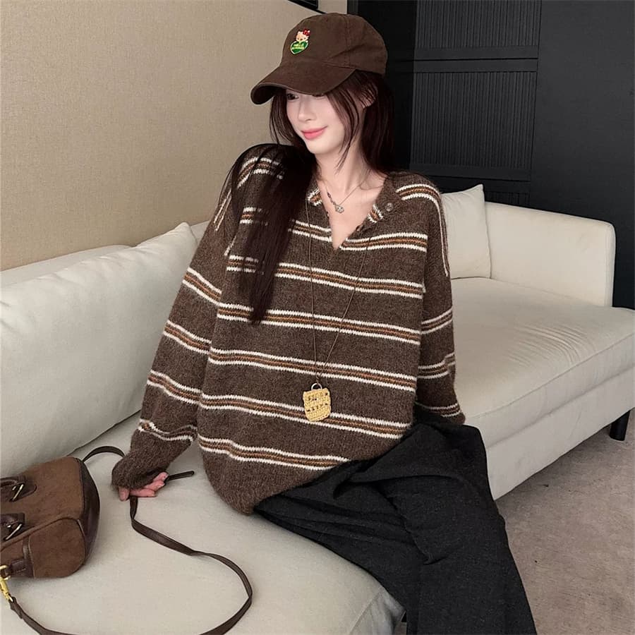 가을 겨울 새로운 레트로 느긋한 바람 분위기 센스 루즈핏 슬림해 보이는 부드러운 찹쌀 니트 스웨터 여성 다용도 풀오버 이미지 3