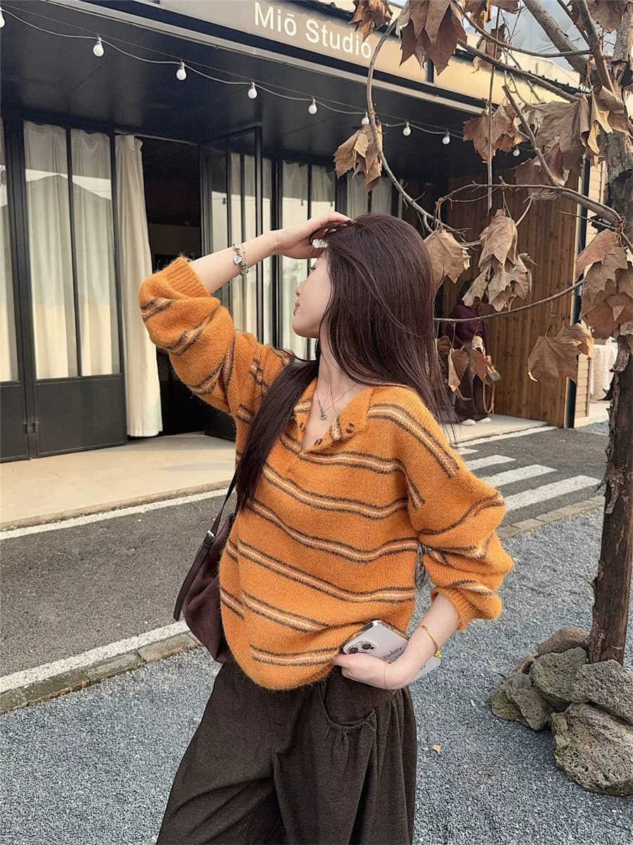 가을 겨울 새로운 레트로 느긋한 바람 분위기 센스 루즈핏 슬림해 보이는 부드러운 찹쌀 니트 스웨터 여성 다용도 풀오버 상세 이미지 10