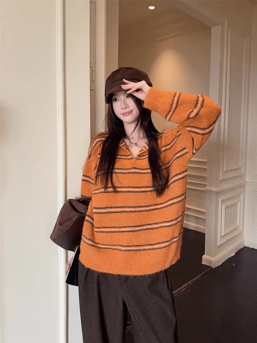 가을 겨울 새로운 레트로 느긋한 바람 분위기 센스 루즈핏 슬림해 보이는 부드러운 찹쌀 니트 스웨터 여성 다용도 풀오버 상세 이미지 11