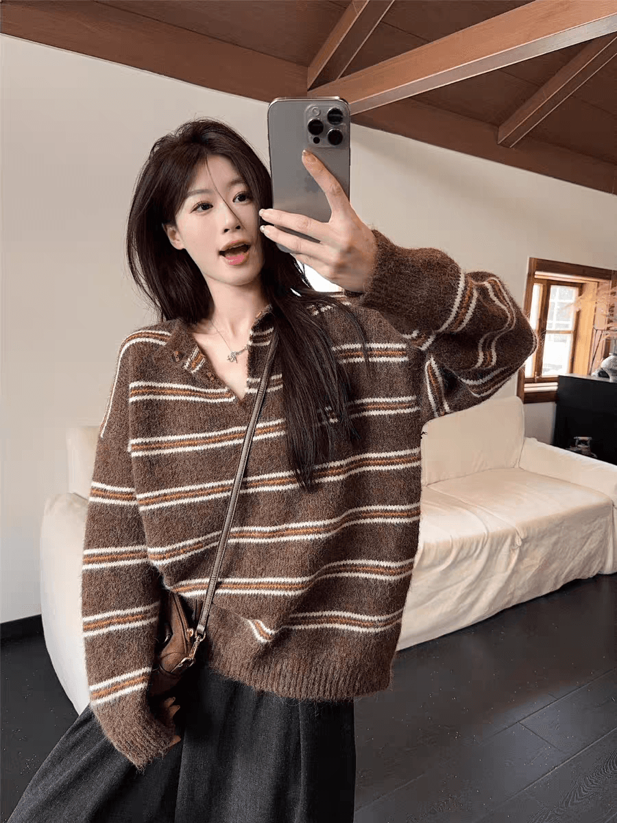 가을 겨울 새로운 레트로 느긋한 바람 분위기 센스 루즈핏 슬림해 보이는 부드러운 찹쌀 니트 스웨터 여성 다용도 풀오버 상세 이미지 15