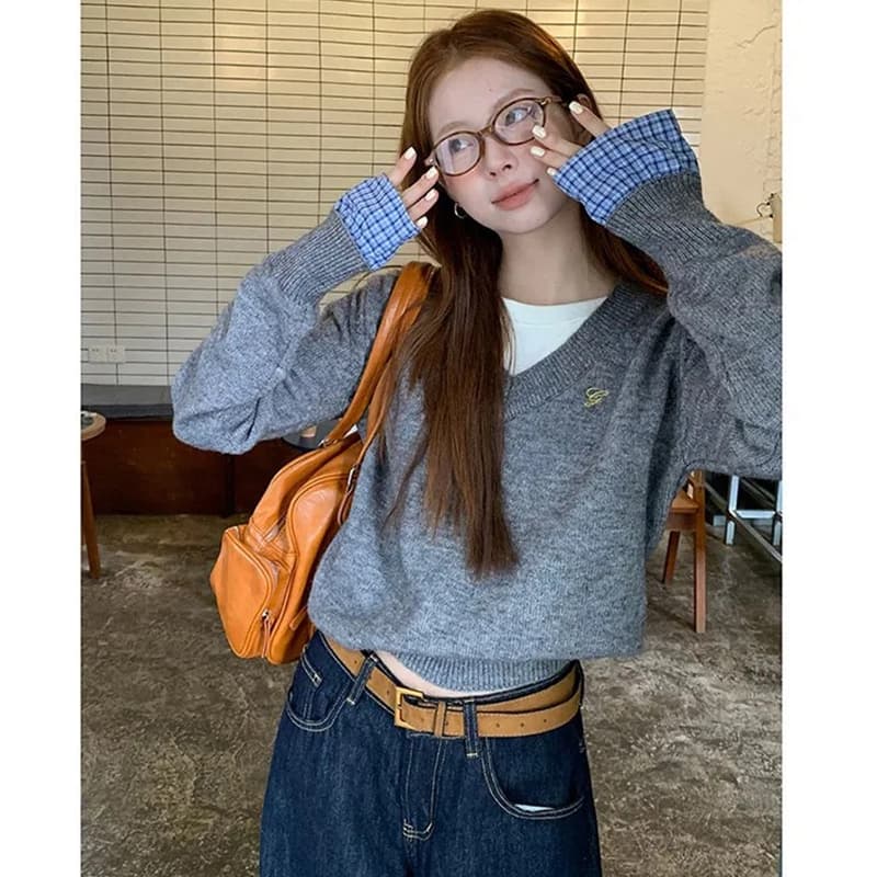 새로운 페이크 레이어드 느긋한 바람 스웨터 여자 가을 겨울 착용 가져 가라. 인사이드 가져 가라. 만나는 긴팔 맨위 니트 스웨터