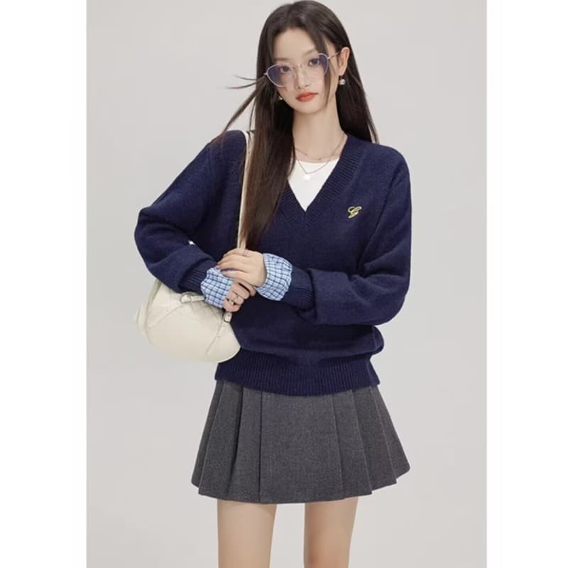 새로운 페이크 레이어드 느긋한 바람 스웨터 여자 가을 겨울 착용 가져 가라. 인사이드 가져 가라. 만나는 긴팔 맨위 니트 스웨터 이미지 4