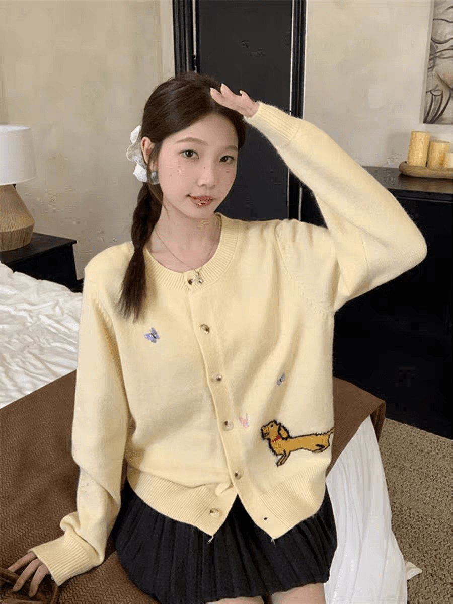 한 부서 착용 가져 가라. 봄 가을 새로운 디자인 센스 부드러운 찹쌀 오픈 가디건 맨위 강아지 자카드 나비 자수 니트 스웨터 여성 상세 이미지 3
