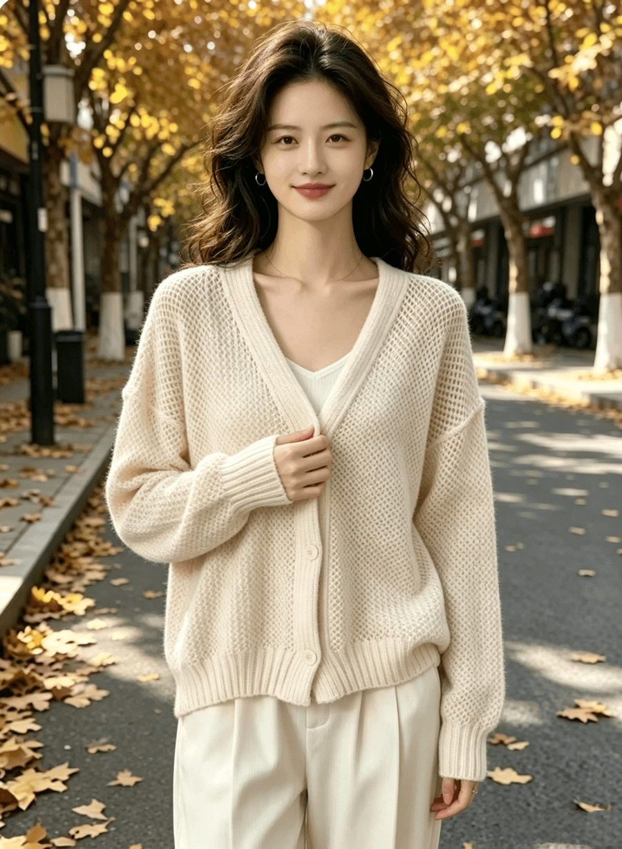 봄 가을 겨울 새로운 느긋한 바람 V넥 오픈 가디건 루즈핏 단추 니트 스웨터 고급 부드러운 여성 의류 스웨터 코트 상세 이미지 1