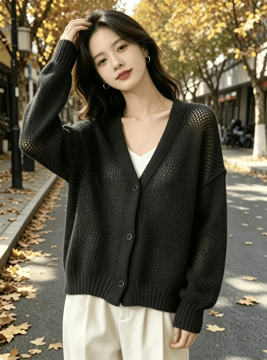 봄 가을 겨울 새로운 느긋한 바람 V넥 오픈 가디건 루즈핏 단추 니트 스웨터 고급 부드러운 여성 의류 스웨터 코트 상세 이미지 15