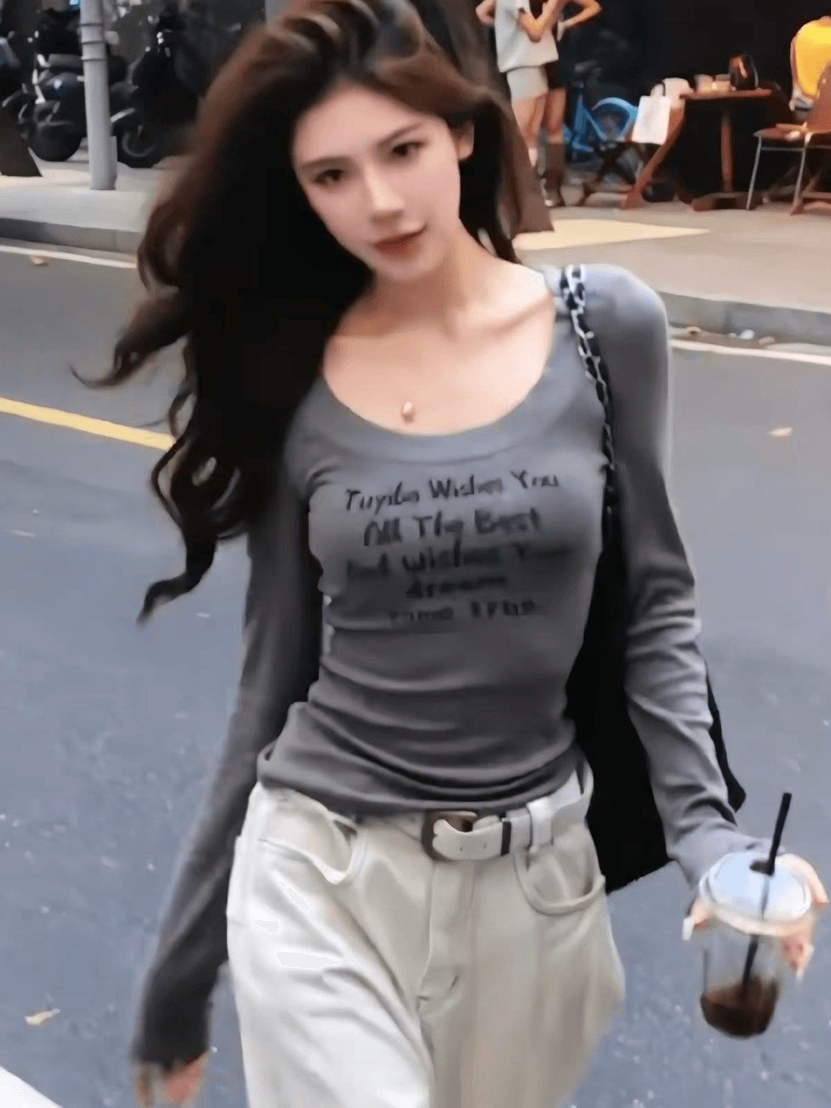 아메리칸 대 네클라인 알파벳 긴팔 티셔츠 여성 가을 몸매 가꾸기 슬림해 보이는 인사이드 가져 가라. 기본 셔츠 핫걸 순수한 욕망 레트로 맨위 이미지 4