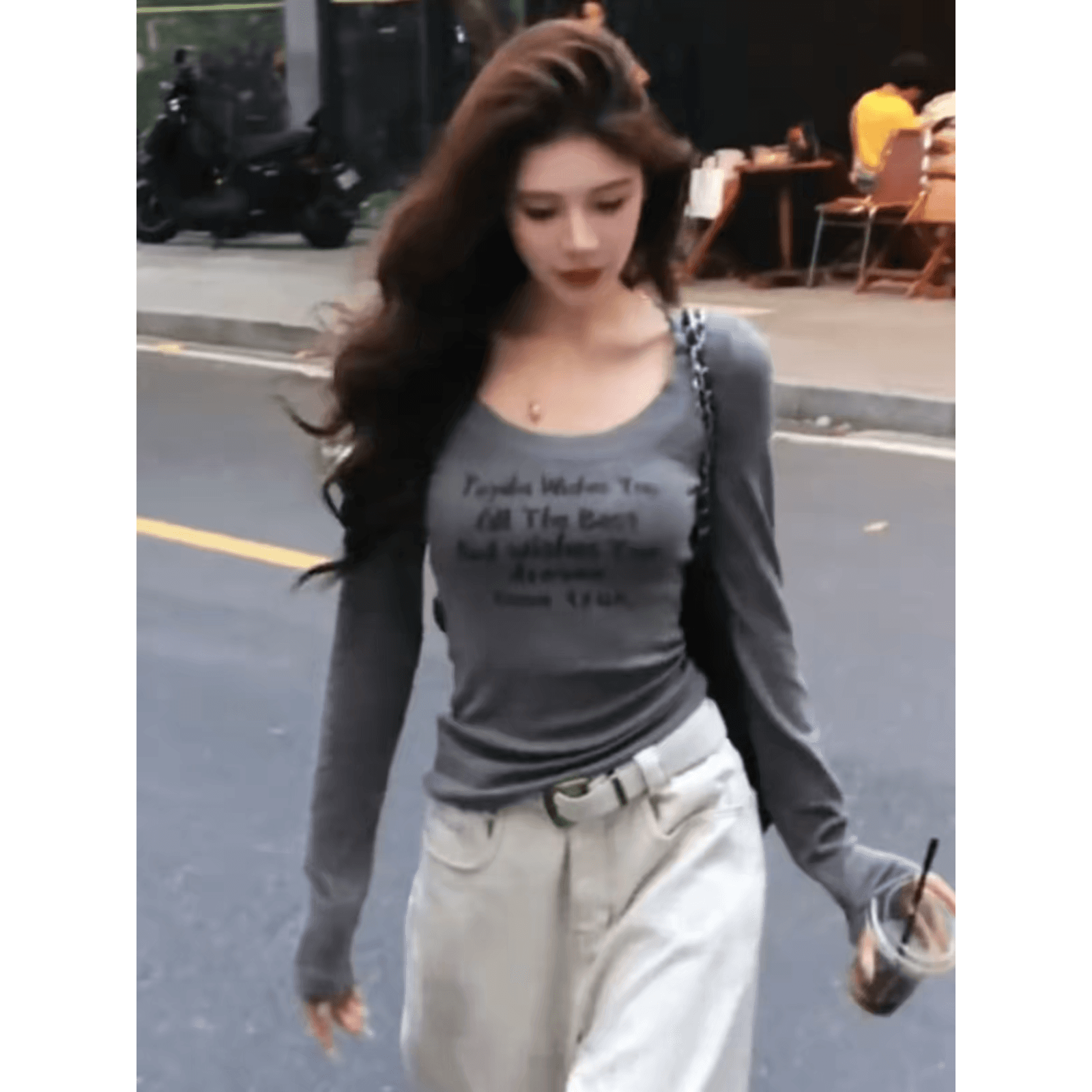 아메리칸 대 네클라인 알파벳 긴팔 티셔츠 여성 가을 몸매 가꾸기 슬림해 보이는 인사이드 가져 가라. 기본 셔츠 핫걸 순수한 욕망 레트로 맨위 이미지 5