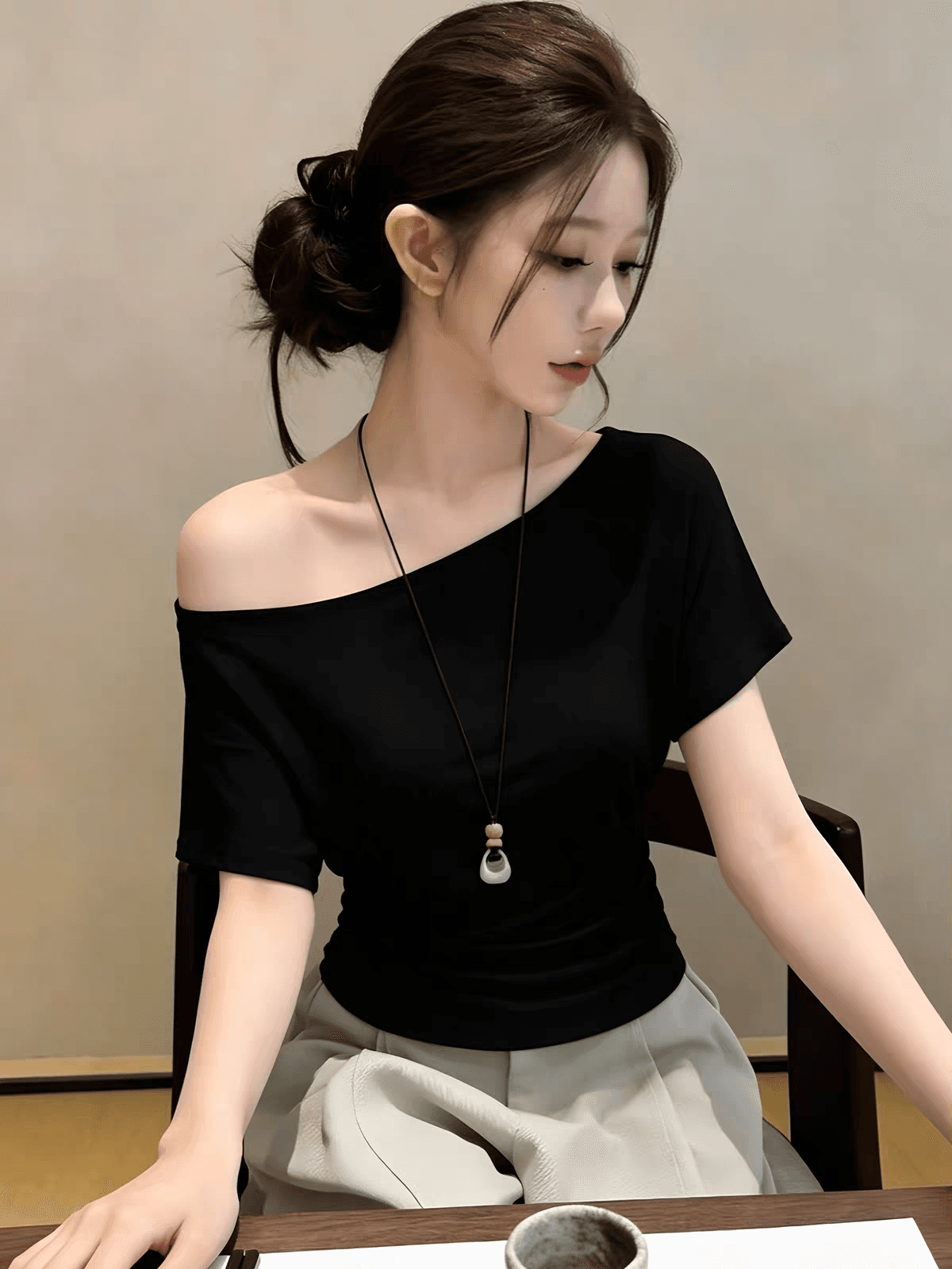 순수한 욕망 핫걸 바람 오프숄더 반팔 티셔츠 여성 여름 몸매 가꾸기 슬림해 보이는 출퇴근 품격 미니멀리즘 캐주얼 작은 맨위 상세 이미지 4