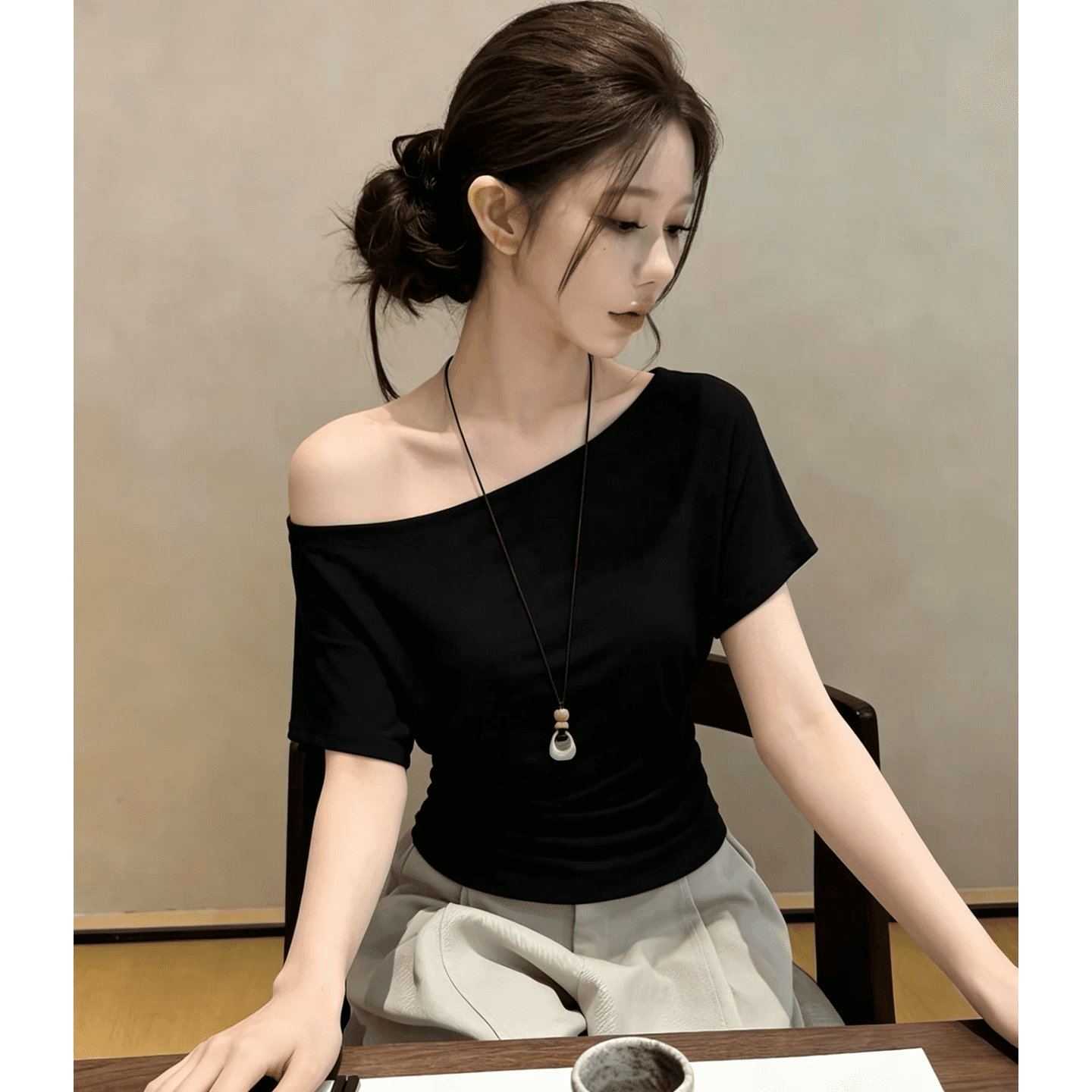 순수한 욕망 핫걸 바람 오프숄더 반팔 티셔츠 여성 여름 몸매 가꾸기 슬림해 보이는 출퇴근 품격 미니멀리즘 캐주얼 작은 맨위 상세 이미지 6