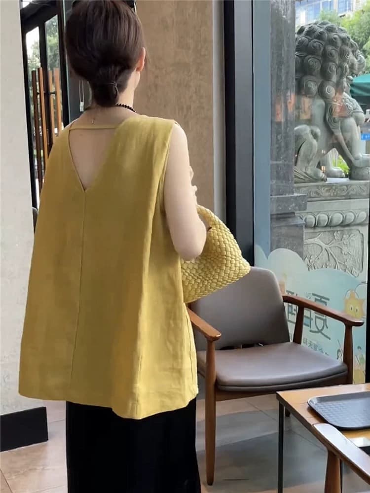 고급 센스 품격 뒤로 홀로우 아웃 민소매 라미 조끼 여성 셔츠 2026 새로운 여름 프랑스식 루즈핏 맨위 상세 이미지 1
