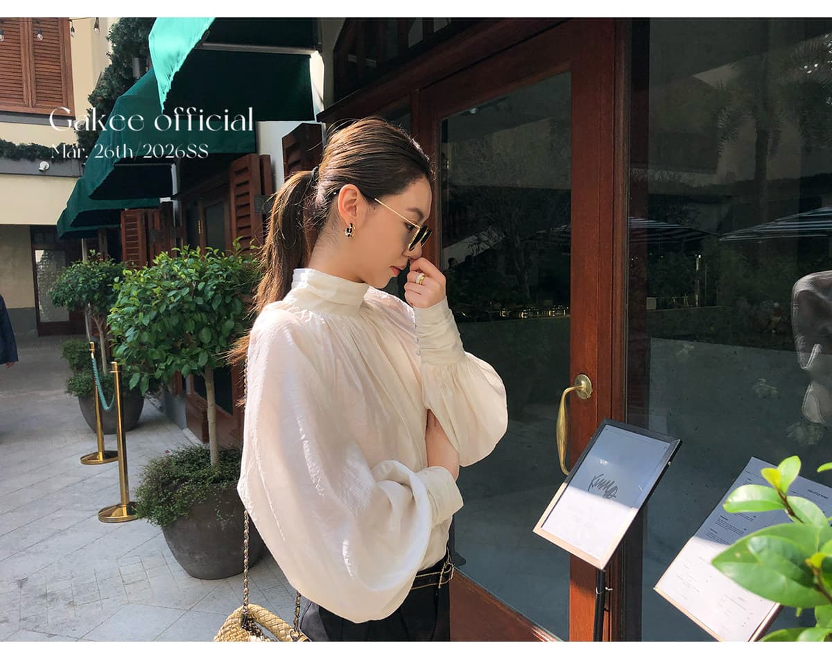 화이트 브라운 프랑스식 스탠드 칼라 궁정 바람 여성 셔츠 가을 새로운 도루 Pleat 디자인 센스 벌룬 소매 긴팔 맨위 상세 이미지 8