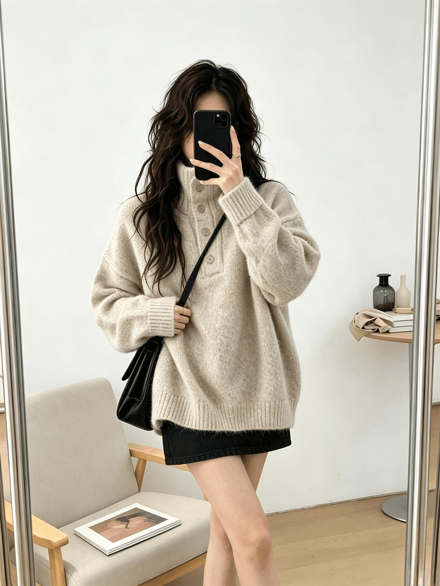 레트로 터틀넥 풀오버 스웨터 여자 가을 겨울 두꺼운 외출용 느긋한 바람 루즈핏 폴로 칼라 부드러운 찹쌀 니트 맨위 이미지 2