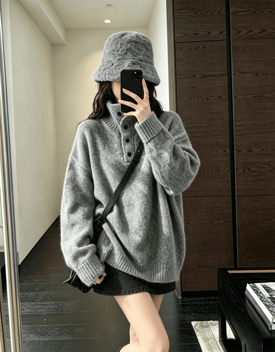 레트로 터틀넥 풀오버 스웨터 여자 가을 겨울 두꺼운 외출용 느긋한 바람 루즈핏 폴로 칼라 부드러운 찹쌀 니트 맨위 상세 이미지 6